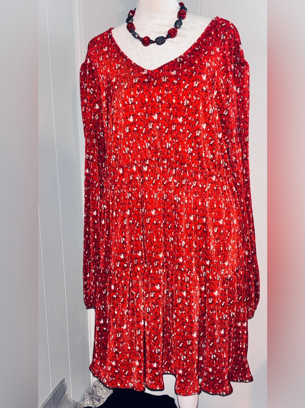 love, Fire Red V-Neck Long Sleeve Speckled Swing Dress ❤️‍🔥